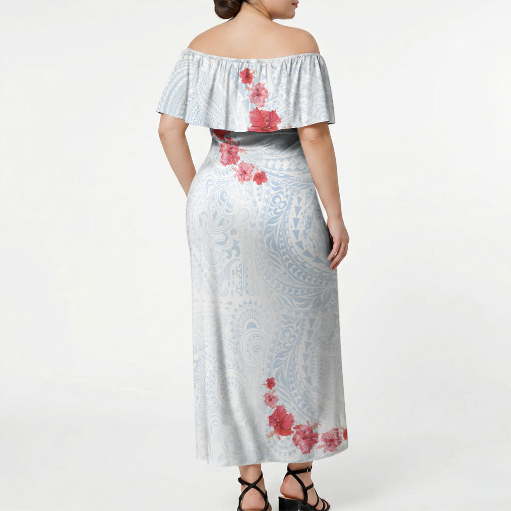 Hawaiian Tribal Tattoo and Hibiscus Off Shoulder Maxi Dress Polynesian Pattern Airy White Blue Cloud