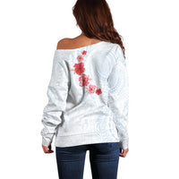 Hawaiian Tribal Tattoo and Hibiscus Off Shoulder Sweater Polynesian Pattern Airy White Blue Cloud