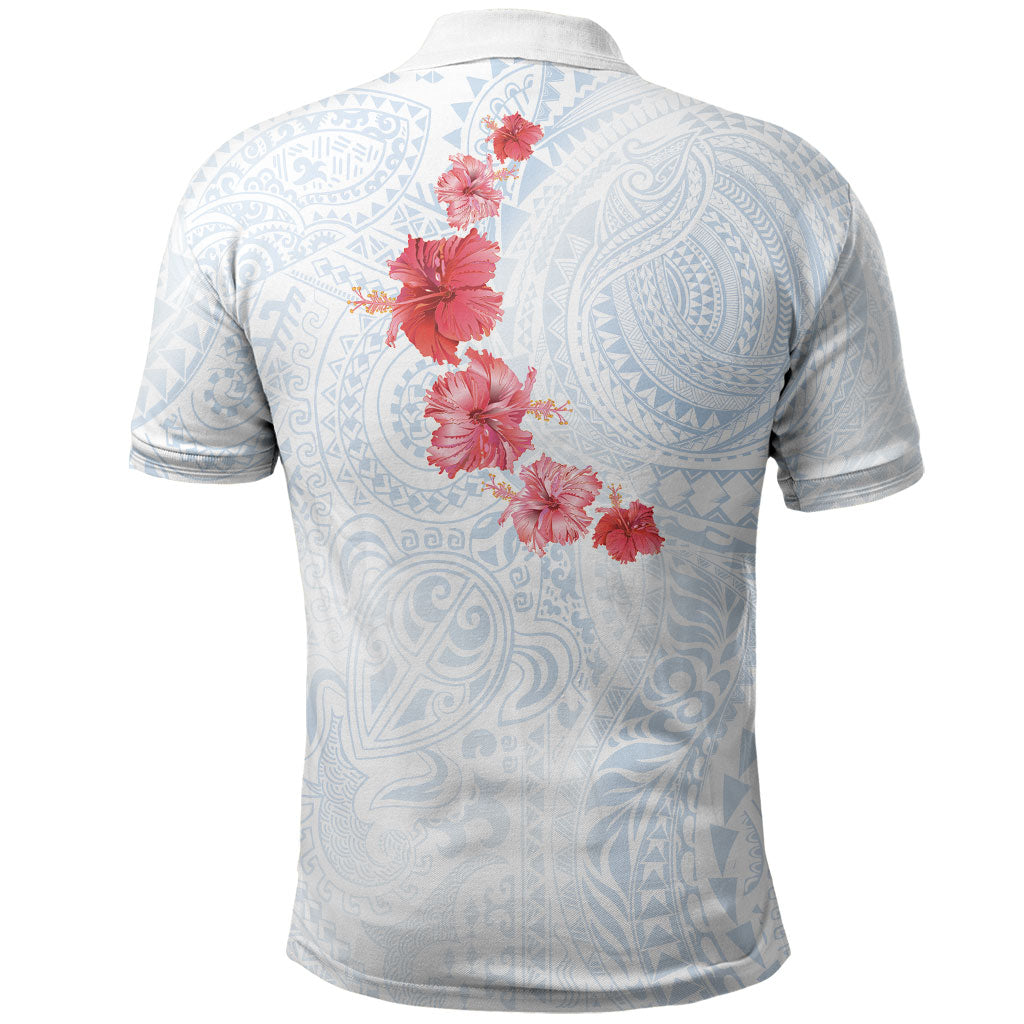 Hawaiian Tribal Tattoo and Hibiscus Polo Shirt Polynesian Pattern Airy White Blue Cloud