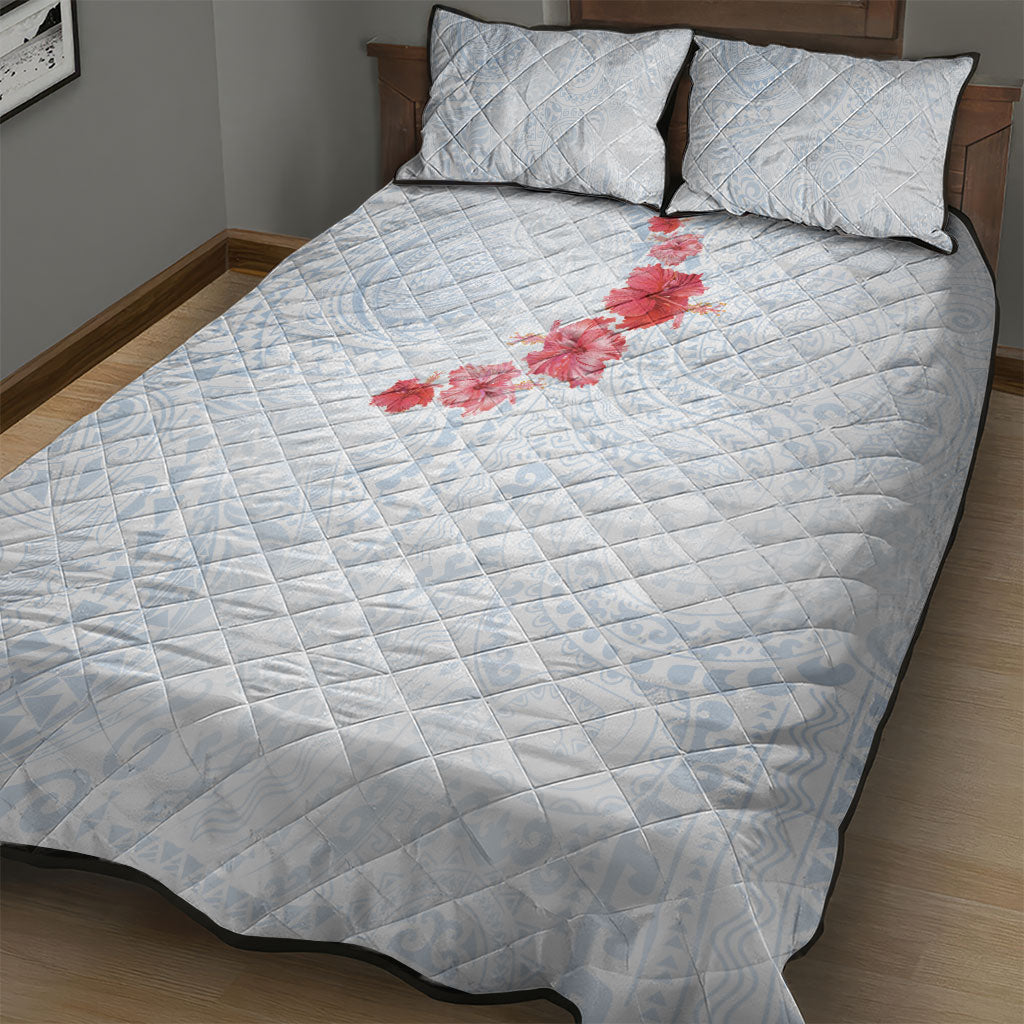 Hawaiian Tribal Tattoo and Hibiscus Quilt Bed Set Polynesian Pattern Airy White Blue Cloud