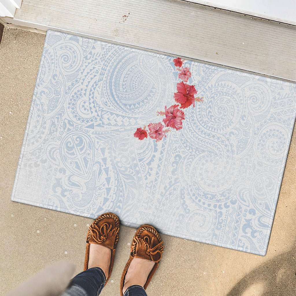 Hawaiian Tribal Tattoo and Hibiscus Rubber Doormat Polynesian Pattern Airy White Blue Cloud