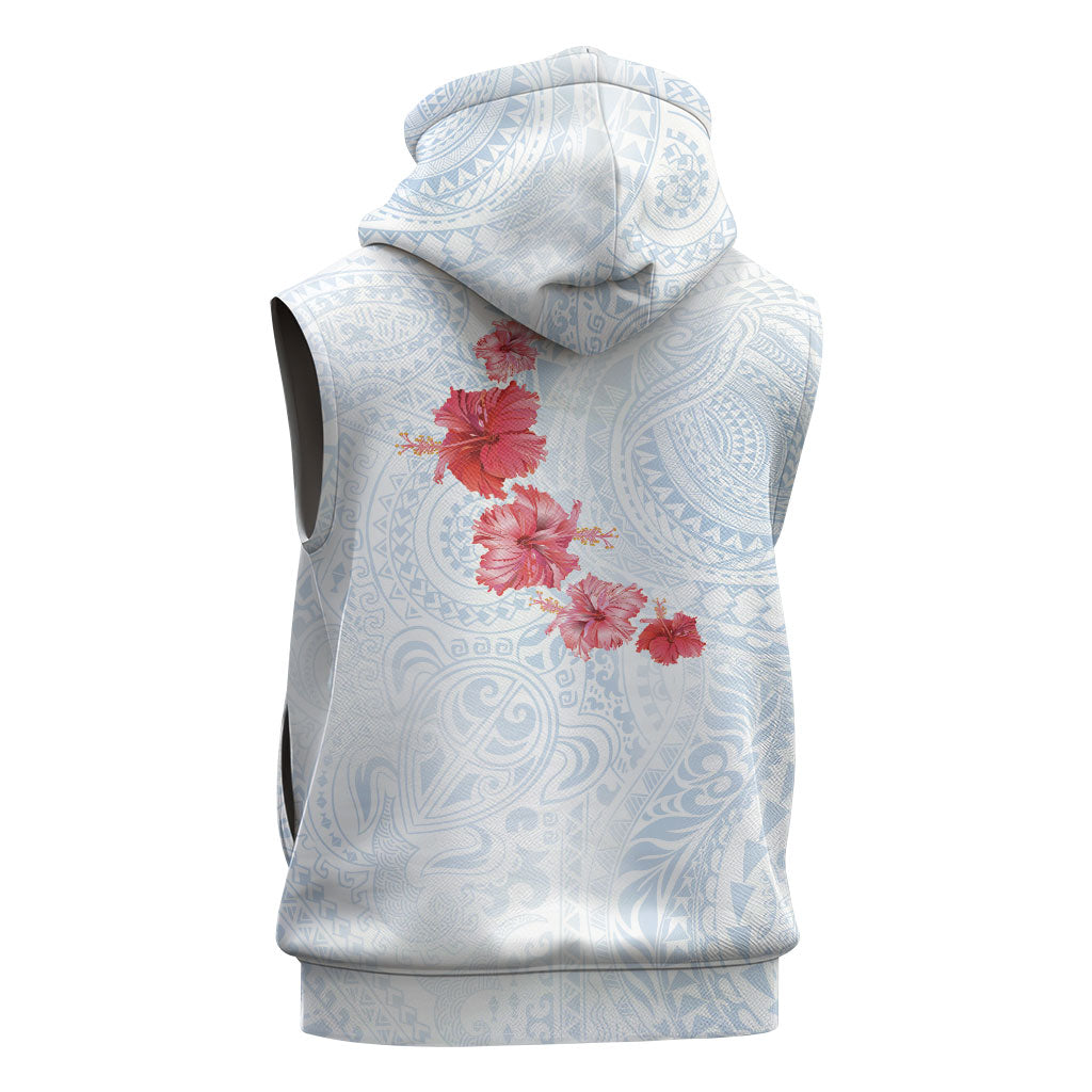 Hawaiian Tribal Tattoo and Hibiscus Sleeveless Hoodie Polynesian Pattern Airy White Blue Cloud