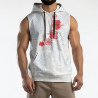 Hawaiian Tribal Tattoo and Hibiscus Sleeveless Hoodie Polynesian Pattern Airy White Blue Cloud