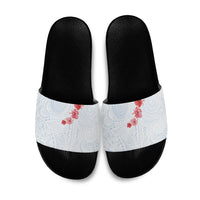 Hawaiian Tribal Tattoo and Hibiscus Slide Sandals Polynesian Pattern Airy White Blue Cloud