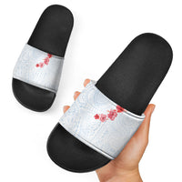 Hawaiian Tribal Tattoo and Hibiscus Slide Sandals Polynesian Pattern Airy White Blue Cloud