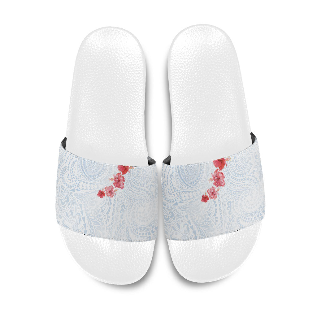 Hawaiian Tribal Tattoo and Hibiscus Slide Sandals Polynesian Pattern Airy White Blue Cloud