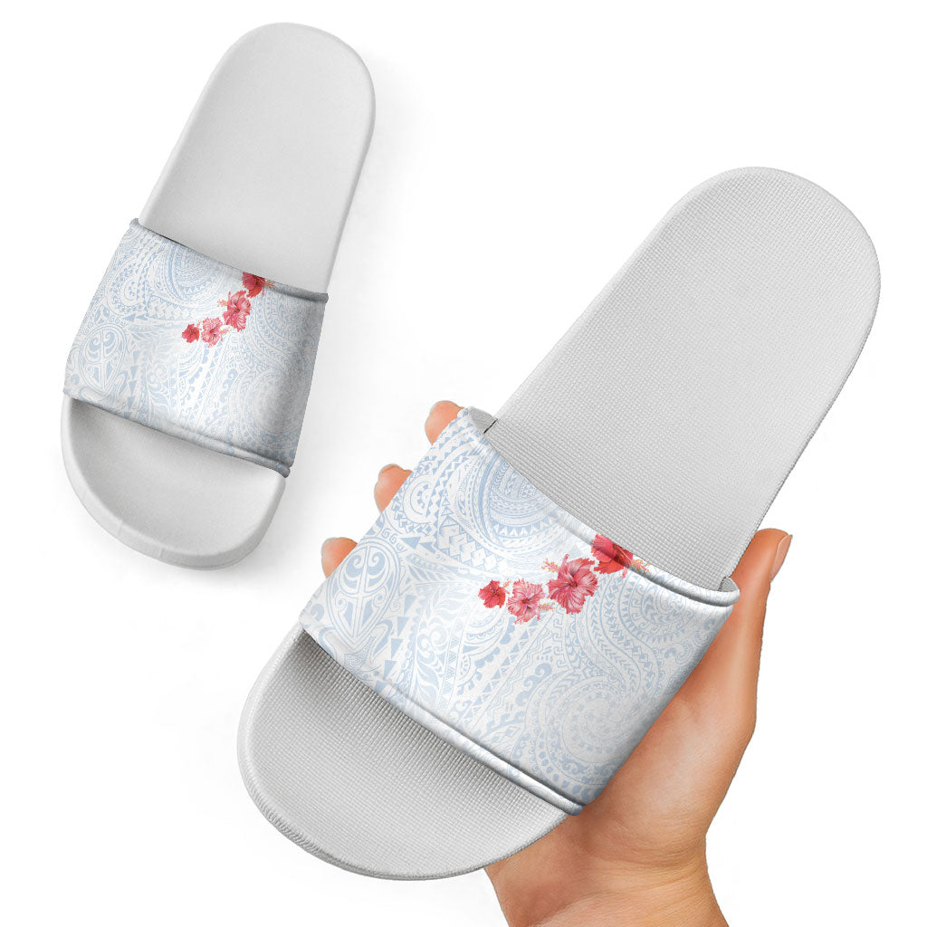 Hawaiian Tribal Tattoo and Hibiscus Slide Sandals Polynesian Pattern Airy White Blue Cloud