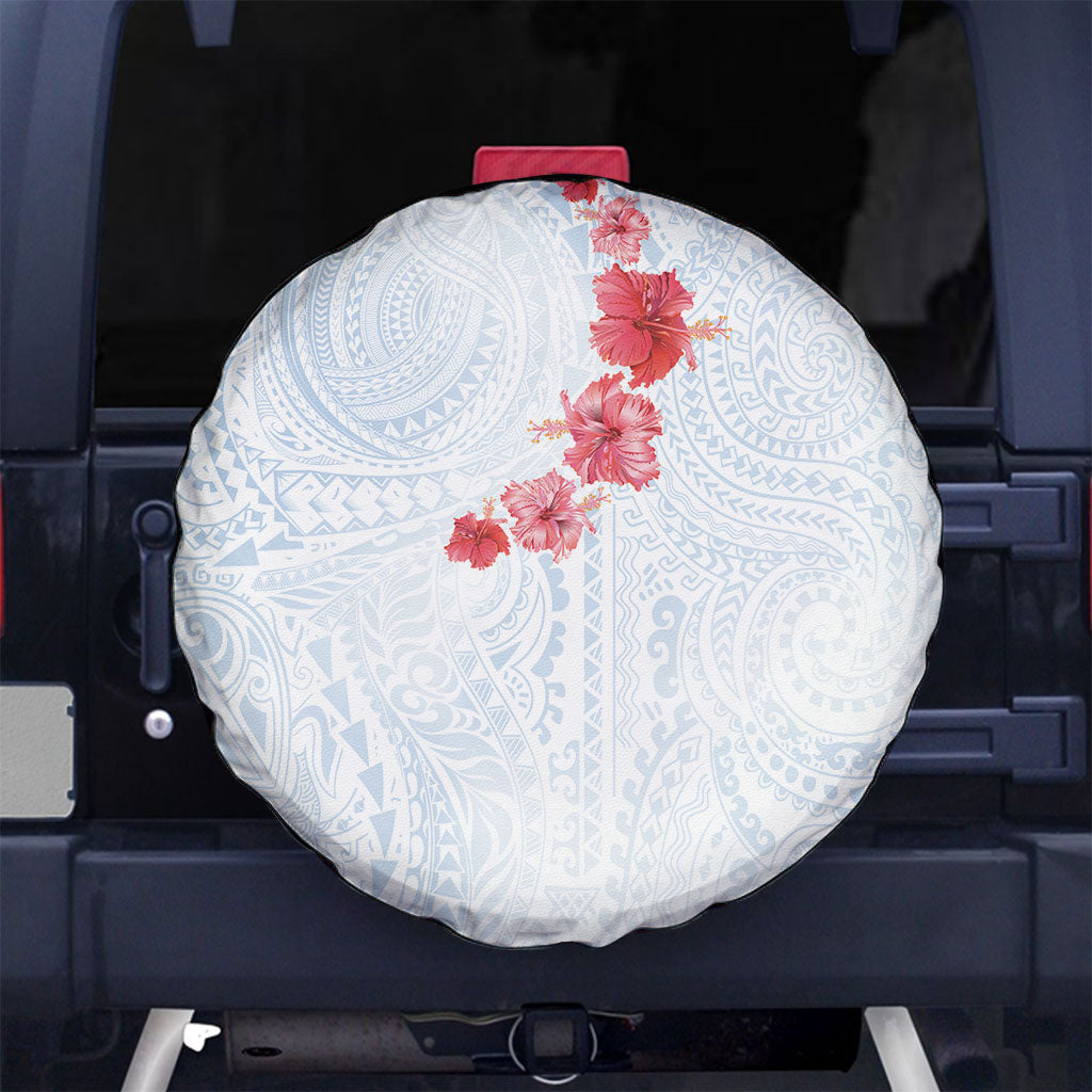 Hawaiian Tribal Tattoo and Hibiscus Spare Tire Cover Polynesian Pattern Airy White Blue Cloud