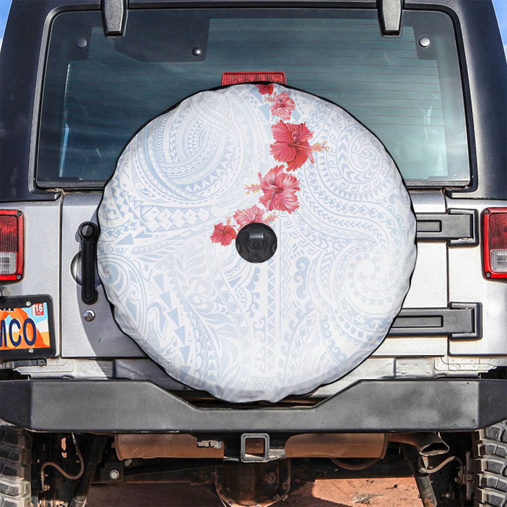 Hawaiian Tribal Tattoo and Hibiscus Spare Tire Cover Polynesian Pattern Airy White Blue Cloud