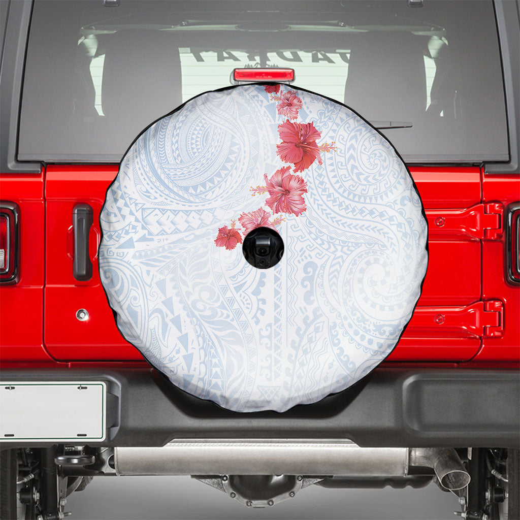 Hawaiian Tribal Tattoo and Hibiscus Spare Tire Cover Polynesian Pattern Airy White Blue Cloud