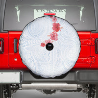 Hawaiian Tribal Tattoo and Hibiscus Spare Tire Cover Polynesian Pattern Airy White Blue Cloud