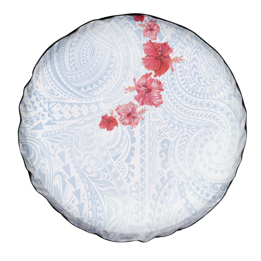Hawaiian Tribal Tattoo and Hibiscus Spare Tire Cover Polynesian Pattern Airy White Blue Cloud