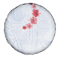 Hawaiian Tribal Tattoo and Hibiscus Spare Tire Cover Polynesian Pattern Airy White Blue Cloud