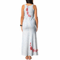 Hawaiian Tribal Tattoo and Hibiscus Tank Maxi Dress Polynesian Pattern Airy White Blue Cloud