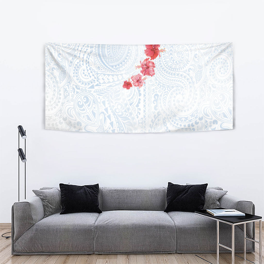 Hawaiian Tribal Tattoo and Hibiscus Tapestry Polynesian Pattern Airy White Blue Cloud