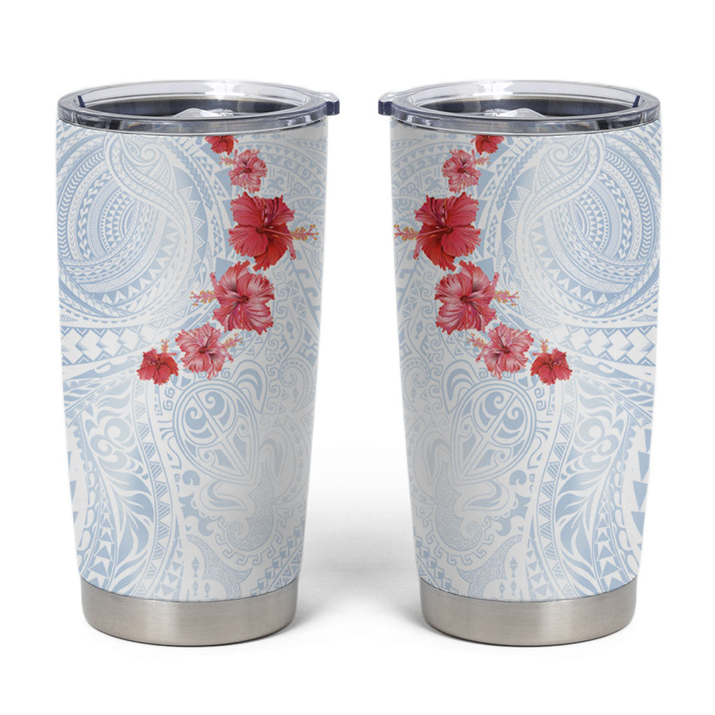 Hawaiian Tribal Tattoo and Hibiscus Tumbler Cup Polynesian Pattern Airy White Blue Cloud