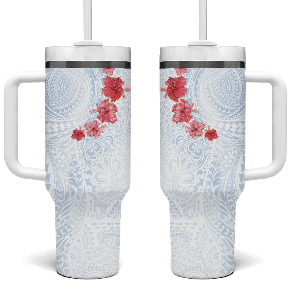 Hawaiian Tribal Tattoo and Hibiscus Tumbler With Handle Polynesian Pattern Airy White Blue Cloud