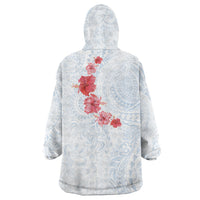 Hawaiian Tribal Tattoo and Hibiscus Wearable Blanket Hoodie Polynesian Pattern Airy White Blue Cloud