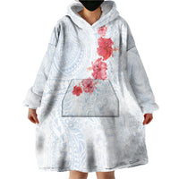 Hawaiian Tribal Tattoo and Hibiscus Wearable Blanket Hoodie Polynesian Pattern Airy White Blue Cloud