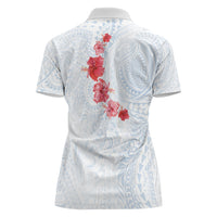 Hawaiian Tribal Tattoo and Hibiscus Women Polo Shirt Polynesian Pattern Airy White Blue Cloud