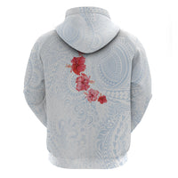 Hawaiian Tribal Tattoo and Hibiscus Zip Hoodie Polynesian Pattern Airy White Blue Cloud