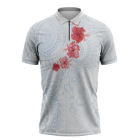 Hawaiian Tribal Tattoo and Hibiscus Zipper Polo Shirt Polynesian Pattern Airy White Blue Cloud