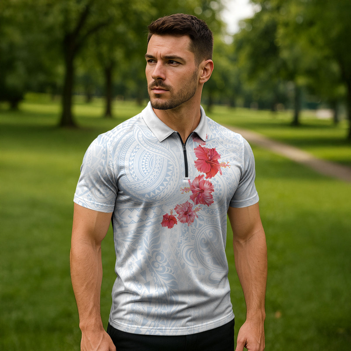 Hawaiian Tribal Tattoo and Hibiscus Zipper Polo Shirt Polynesian Pattern Airy White Blue Cloud
