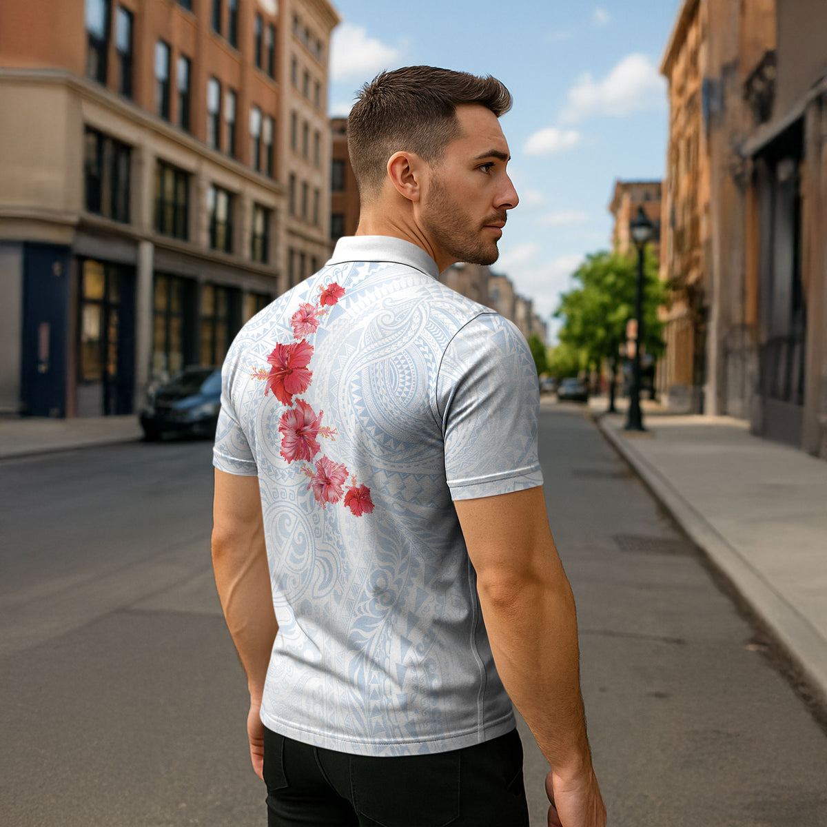 Hawaiian Tribal Tattoo and Hibiscus Zipper Polo Shirt Polynesian Pattern Airy White Blue Cloud