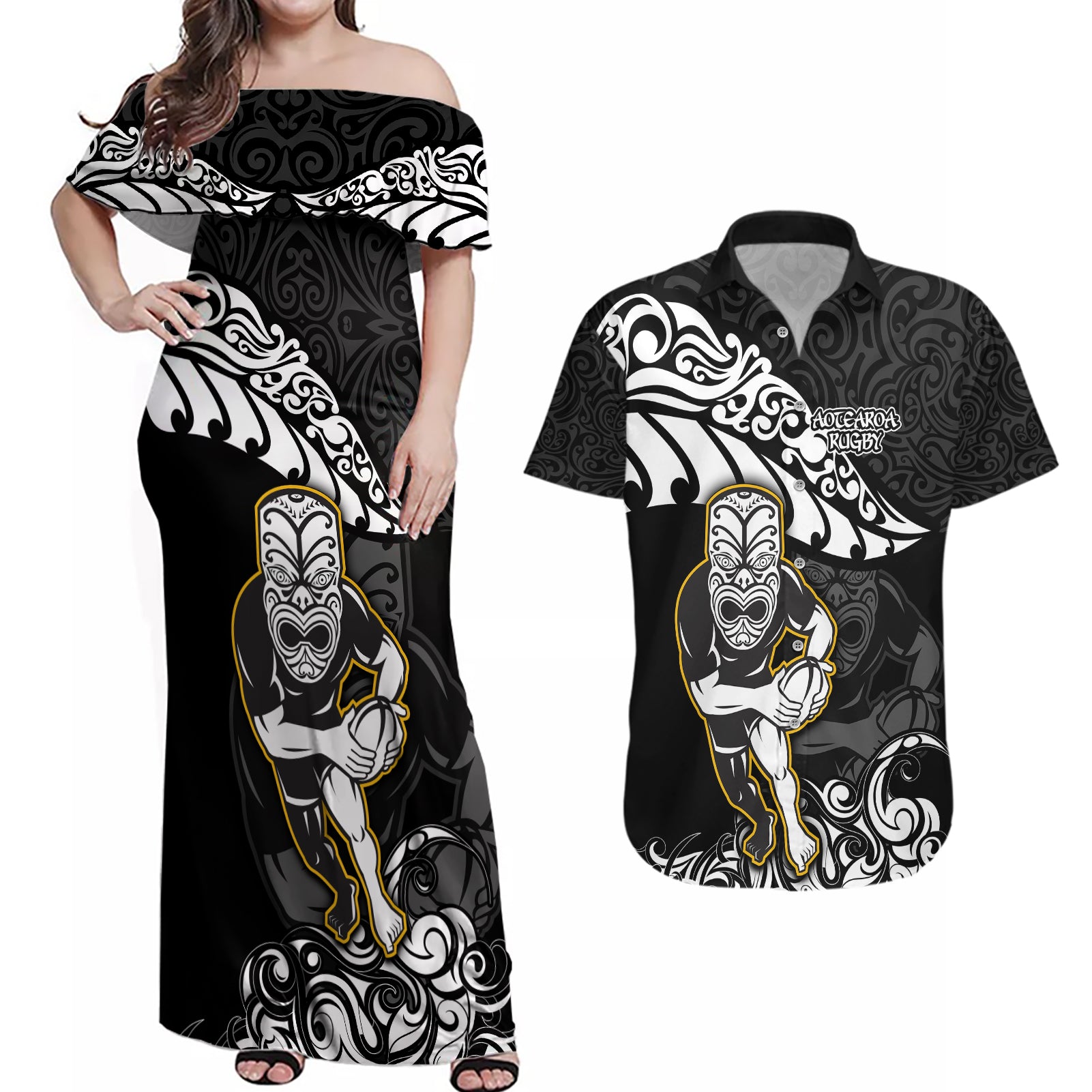 new-zealand-rugby-couples-matching-off-shoulder-maxi-dress-and-hawaiian-shirt-maori-warrior-rugby-silver-fern-tribal-pattern