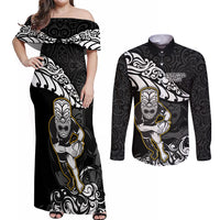 New Zealand Rugby Couples Matching Off Shoulder Maxi Dress and Long Sleeve Button Shirts Maori Warrior Rugby Silver Fern Tribal Pattern LT03 Black - Polynesian Pride