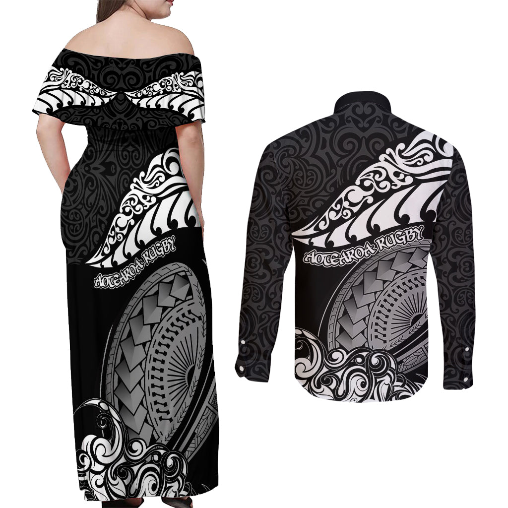 New Zealand Rugby Couples Matching Off Shoulder Maxi Dress and Long Sleeve Button Shirts Maori Warrior Rugby Silver Fern Tribal Pattern LT03 - Polynesian Pride