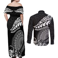 New Zealand Rugby Couples Matching Off Shoulder Maxi Dress and Long Sleeve Button Shirts Maori Warrior Rugby Silver Fern Tribal Pattern LT03 - Polynesian Pride