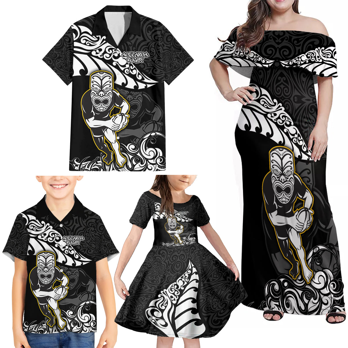 new-zealand-rugby-family-matching-off-shoulder-maxi-dress-and-hawaiian-shirt-maori-warrior-rugby-silver-fern-tribal-pattern