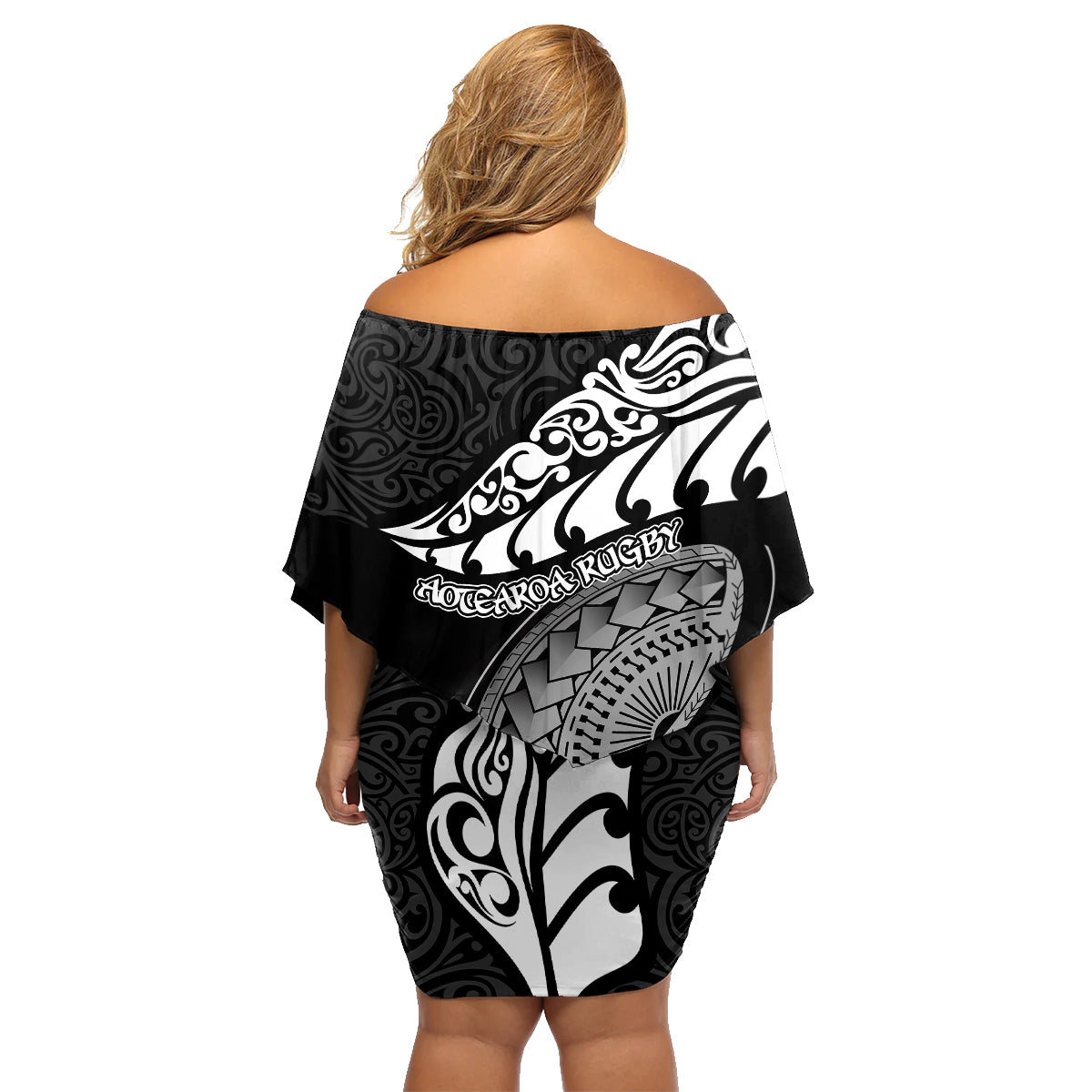 new-zealand-rugby-family-matching-off-shoulder-short-dress-and-hawaiian-shirt-maori-warrior-rugby-silver-fern-tribal-pattern