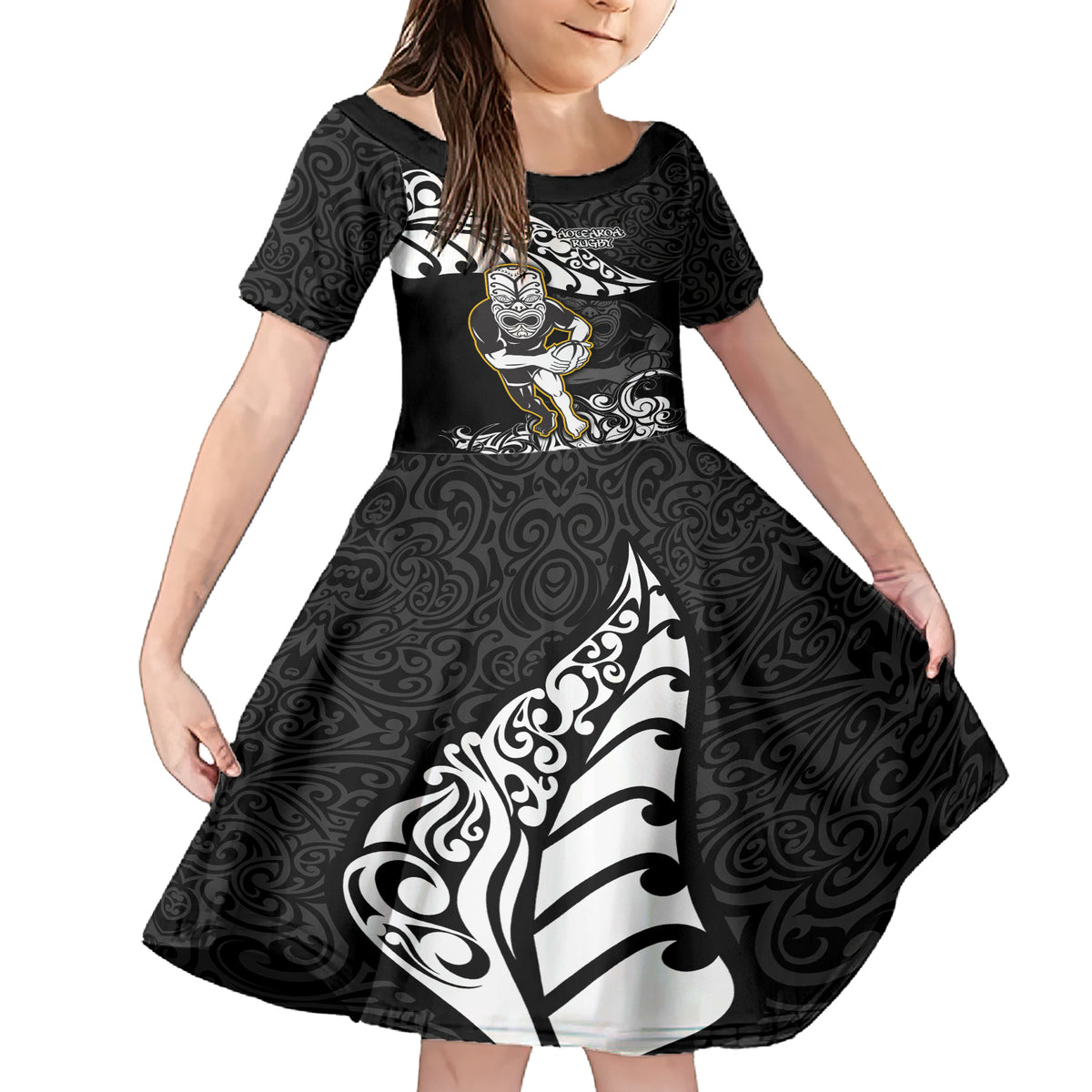 new-zealand-rugby-family-matching-short-sleeve-bodycon-dress-and-hawaiian-shirt-maori-warrior-rugby-silver-fern-tribal-pattern