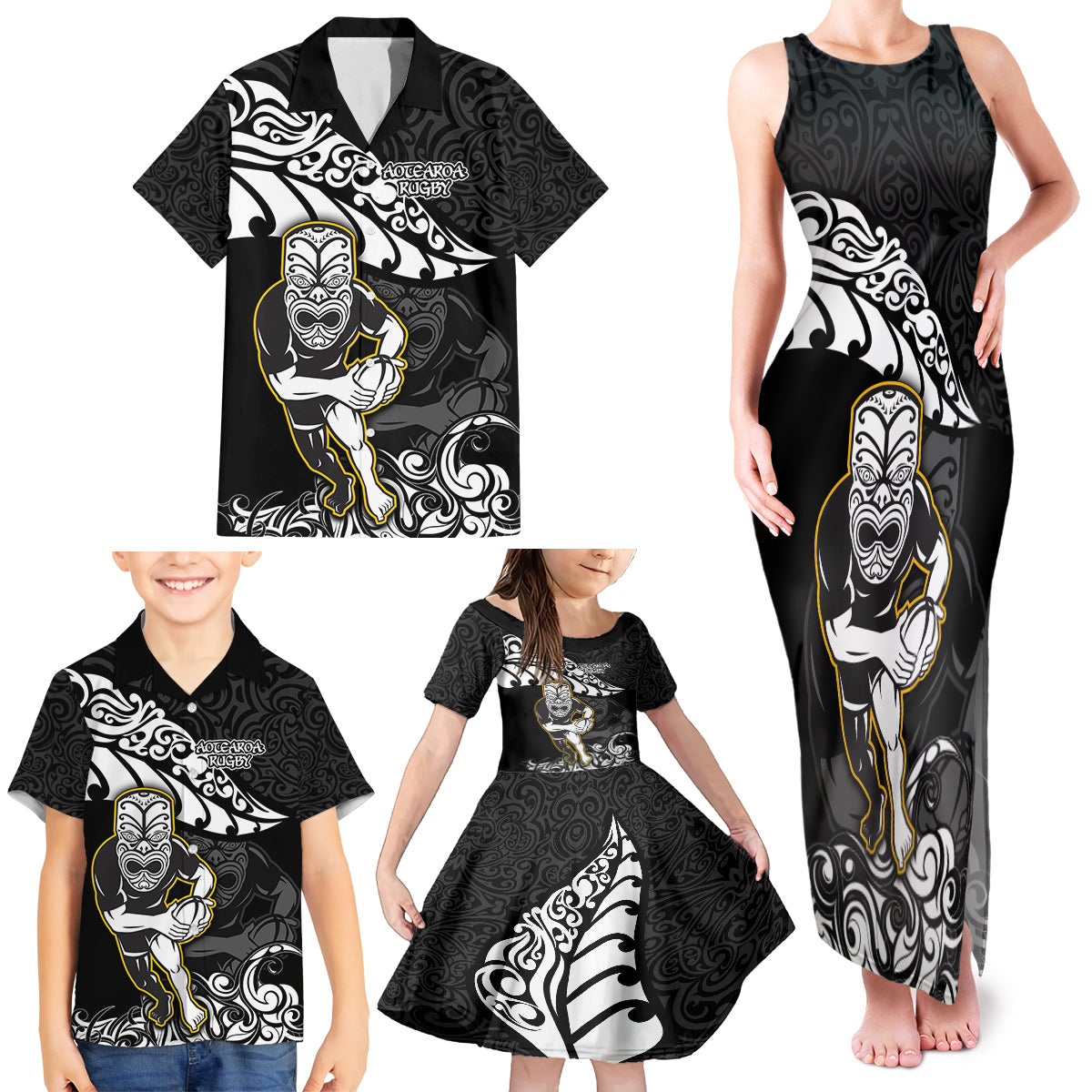 new-zealand-rugby-family-matching-tank-maxi-dress-and-hawaiian-shirt-maori-warrior-rugby-silver-fern-tribal-pattern