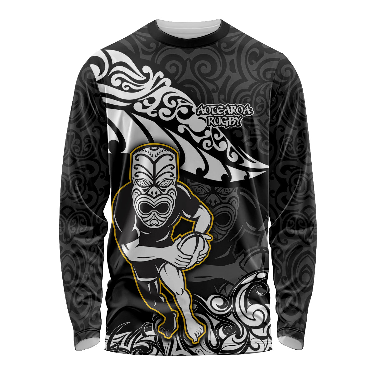 New Zealand Rugby Long Sleeve Shirt Maori Warrior Rugby Silver Fern Tribal Pattern LT03 Unisex Black - Polynesian Pride