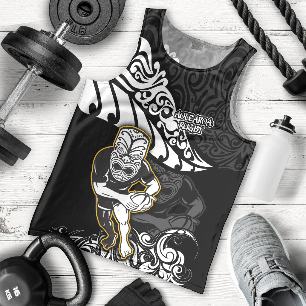 New Zealand Rugby Men Tank Top Maori Warrior Rugby Silver Fern Tribal Pattern LT03 Black - Polynesian Pride
