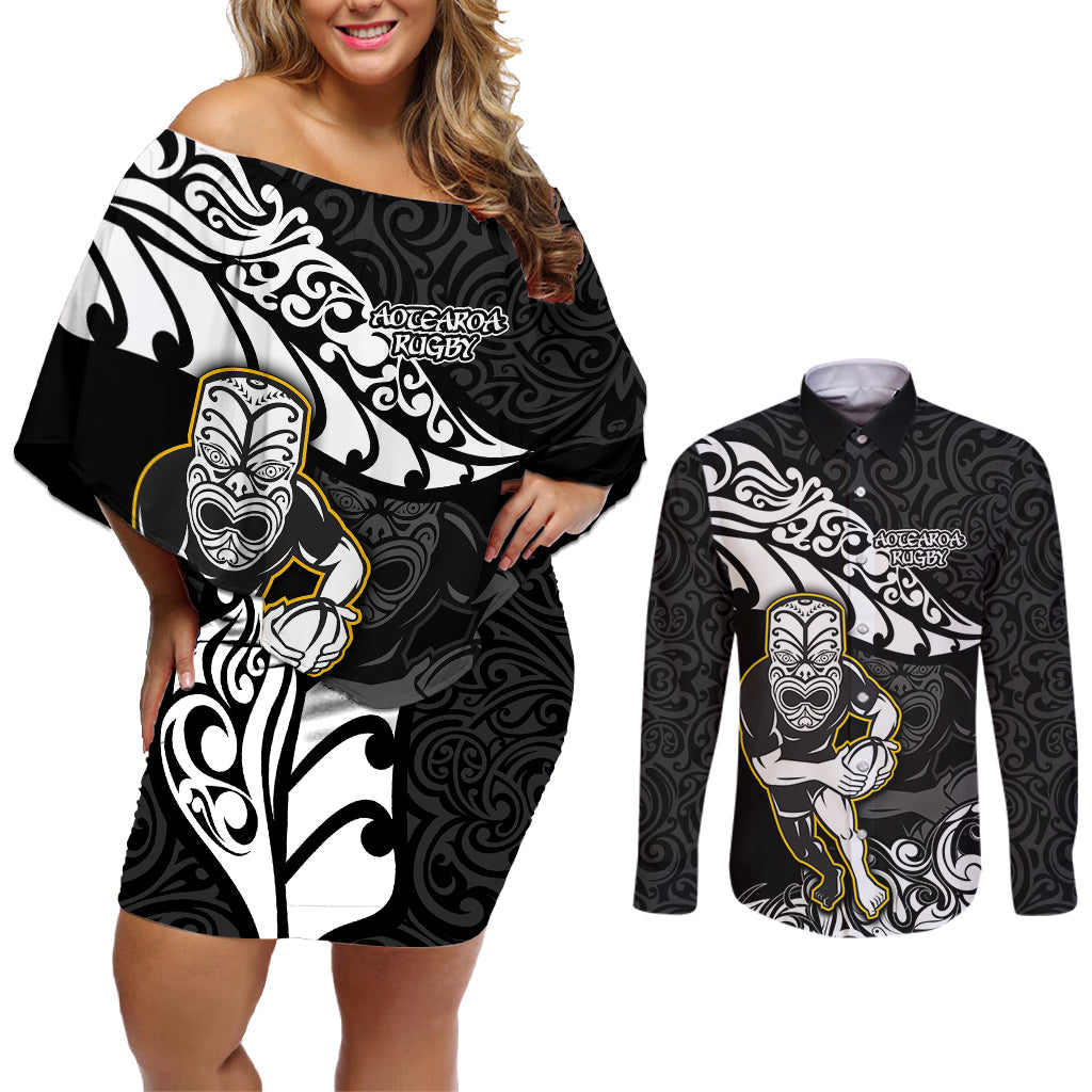 custom-new-zealand-rugby-couples-matching-off-shoulder-short-dress-and-long-sleeve-button-shirts-maori-warrior-rugby-silver-fern-tribal-pattern