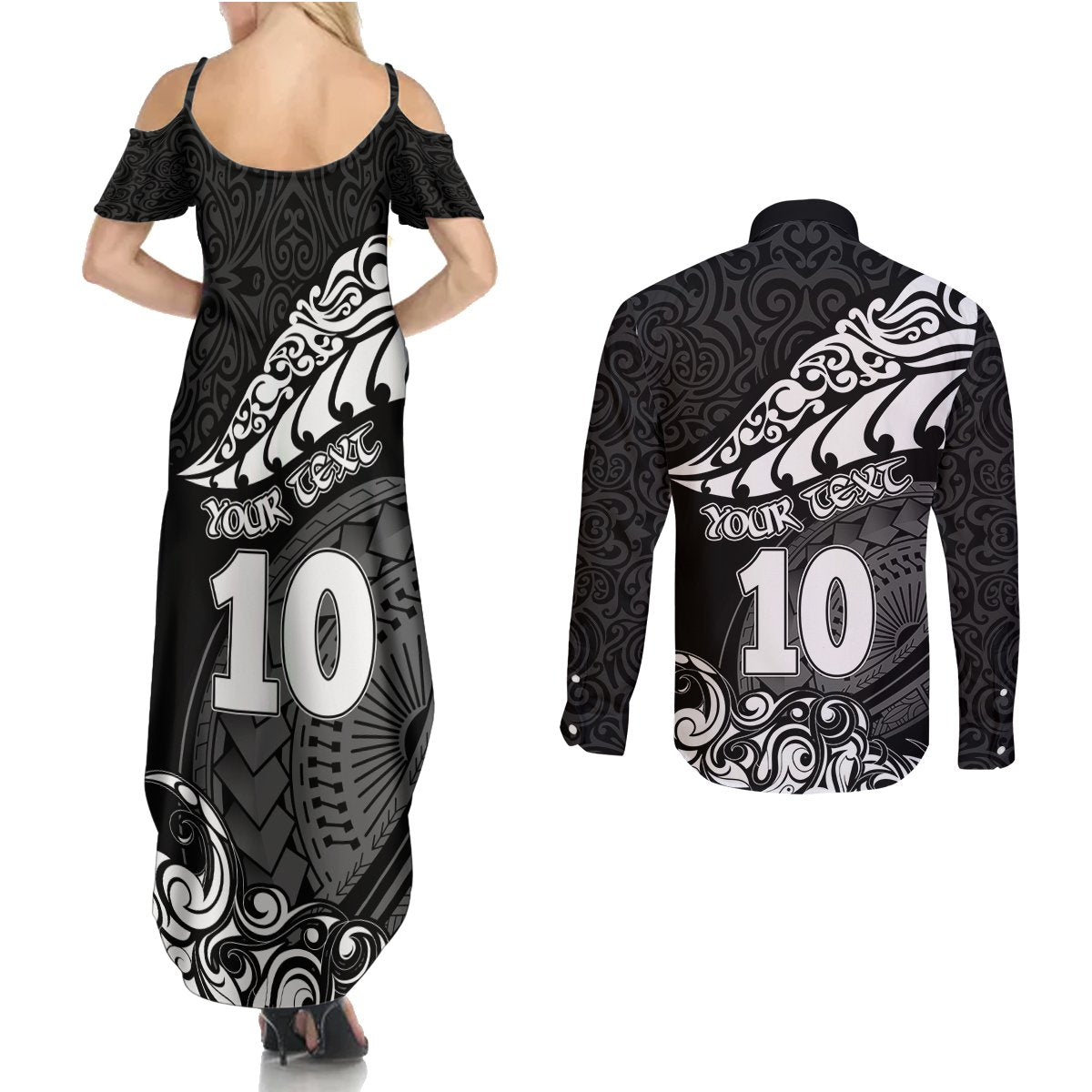 Custom New Zealand Rugby Couples Matching Summer Maxi Dress and Long Sleeve Button Shirts Maori Warrior Rugby Silver Fern Tribal Pattern LT03 - Polynesian Pride