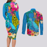 polynesian-couples-matching-long-sleeve-bodycon-dress-and-long-sleeve-button-shirts-the-turtle-jung-flower-with-maori-pattern-ethnic-style