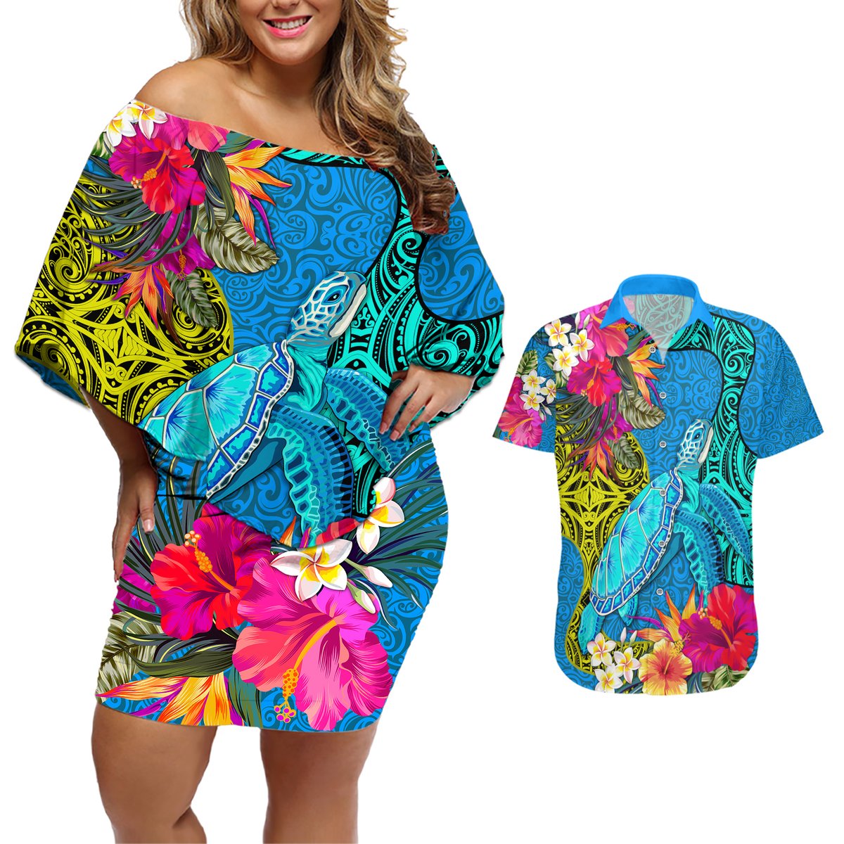 Polynesian Couples Matching Off Shoulder Short Dress and Hawaiian Shirt The Turtle Jung Flower with Maori Pattern Ethnic Style LT03 Blue - Polynesian Pride