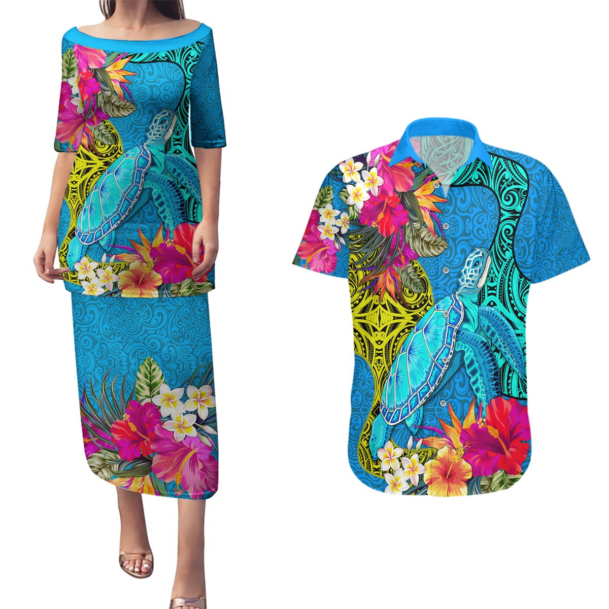 polynesian-couples-matching-puletasi-dress-and-hawaiian-shirt-the-turtle-jung-flower-with-maori-pattern-ethnic-style
