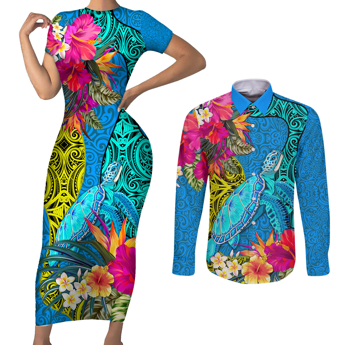 polynesian-couples-matching-short-sleeve-bodycon-dress-and-long-sleeve-button-shirts-the-turtle-jung-flower-with-maori-pattern-ethnic-style