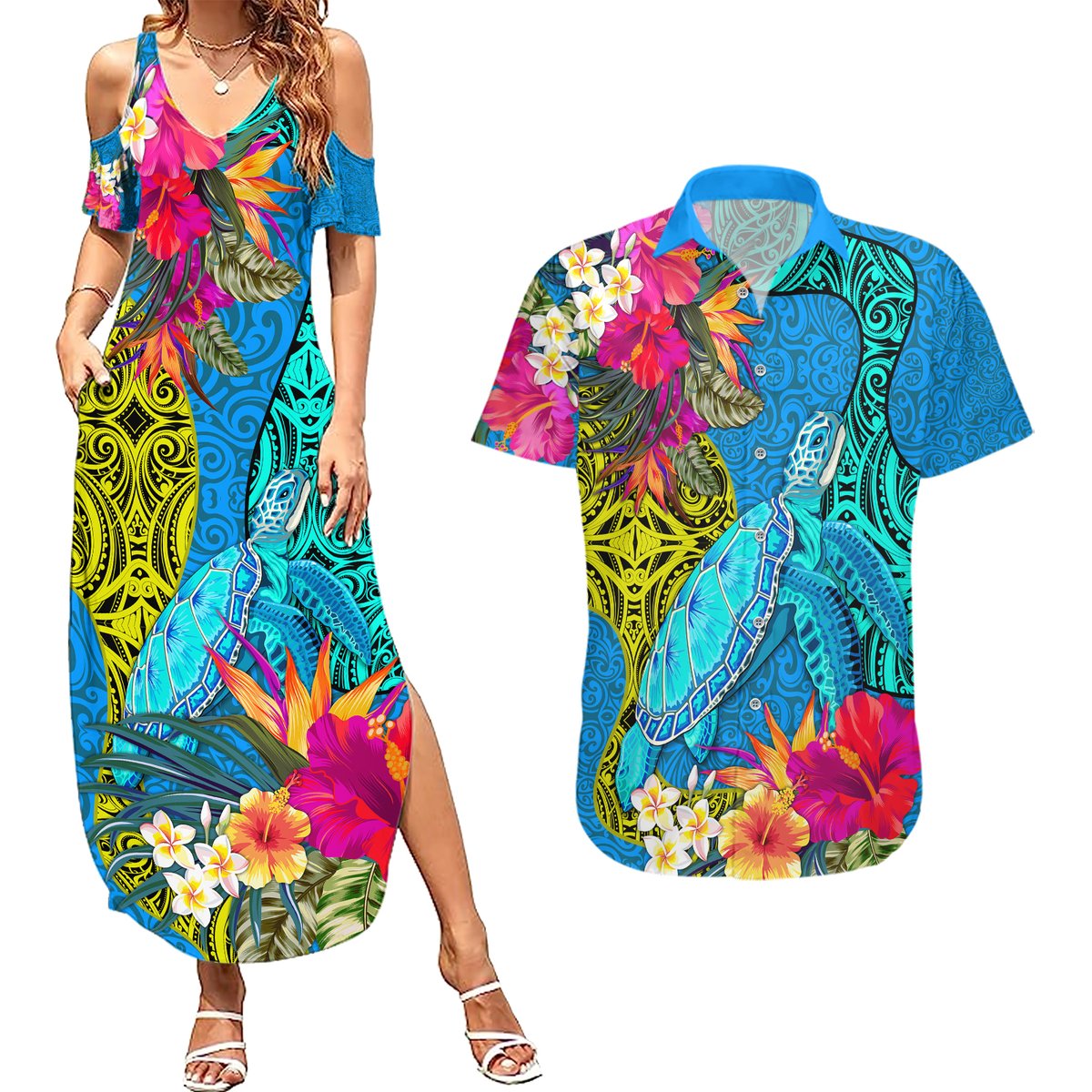 Polynesian Couples Matching Summer Maxi Dress and Hawaiian Shirt The Turtle Jung Flower with Maori Pattern Ethnic Style LT03 Blue - Polynesian Pride