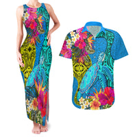 Polynesian Couples Matching Tank Maxi Dress and Hawaiian Shirt The Turtle Jung Flower with Maori Pattern Ethnic Style LT03 Blue - Polynesian Pride