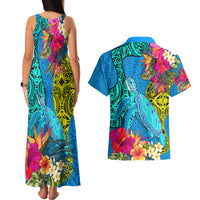 Polynesian Couples Matching Tank Maxi Dress and Hawaiian Shirt The Turtle Jung Flower with Maori Pattern Ethnic Style LT03 - Polynesian Pride