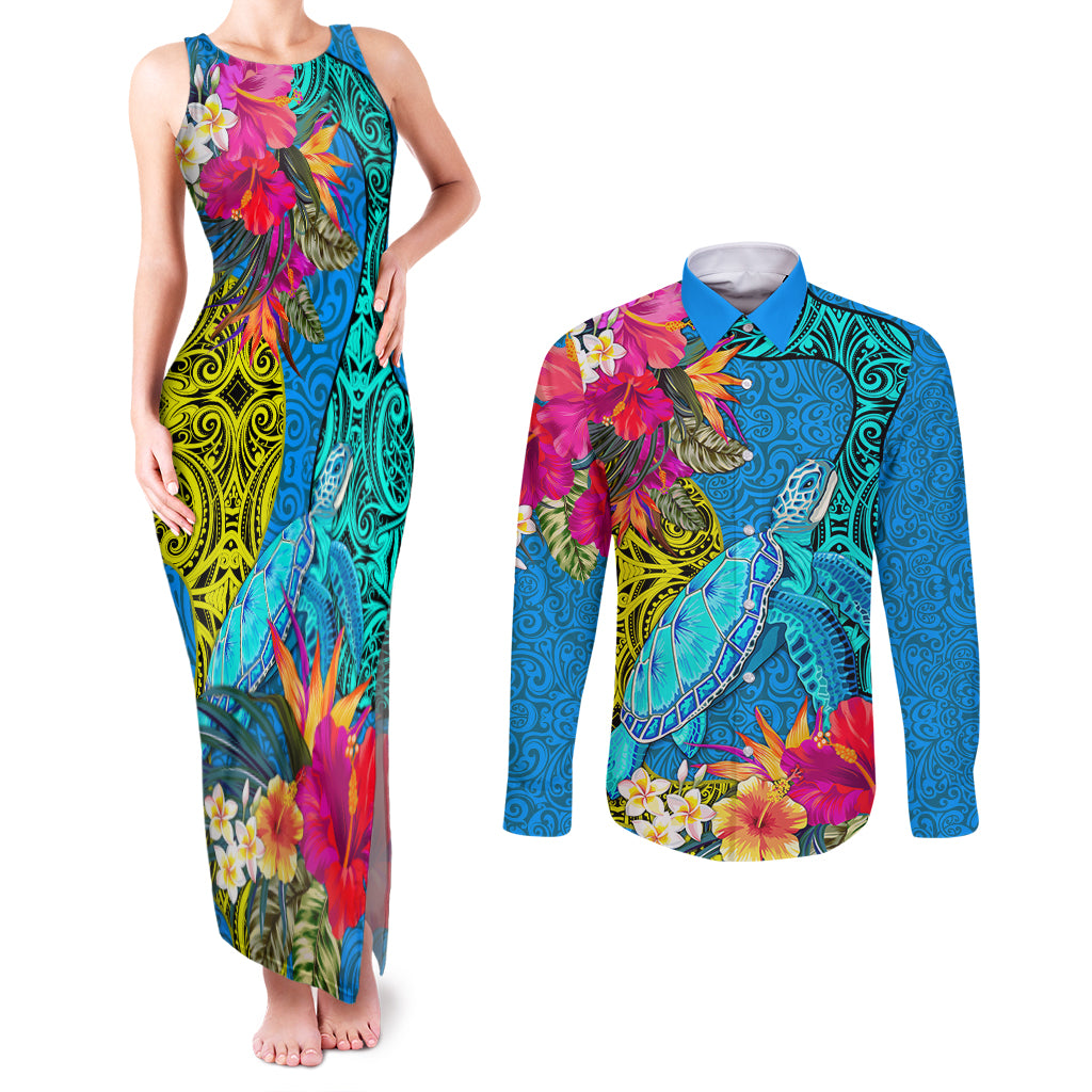 polynesian-couples-matching-tank-maxi-dress-and-long-sleeve-button-shirts-the-turtle-jung-flower-with-maori-pattern-ethnic-style