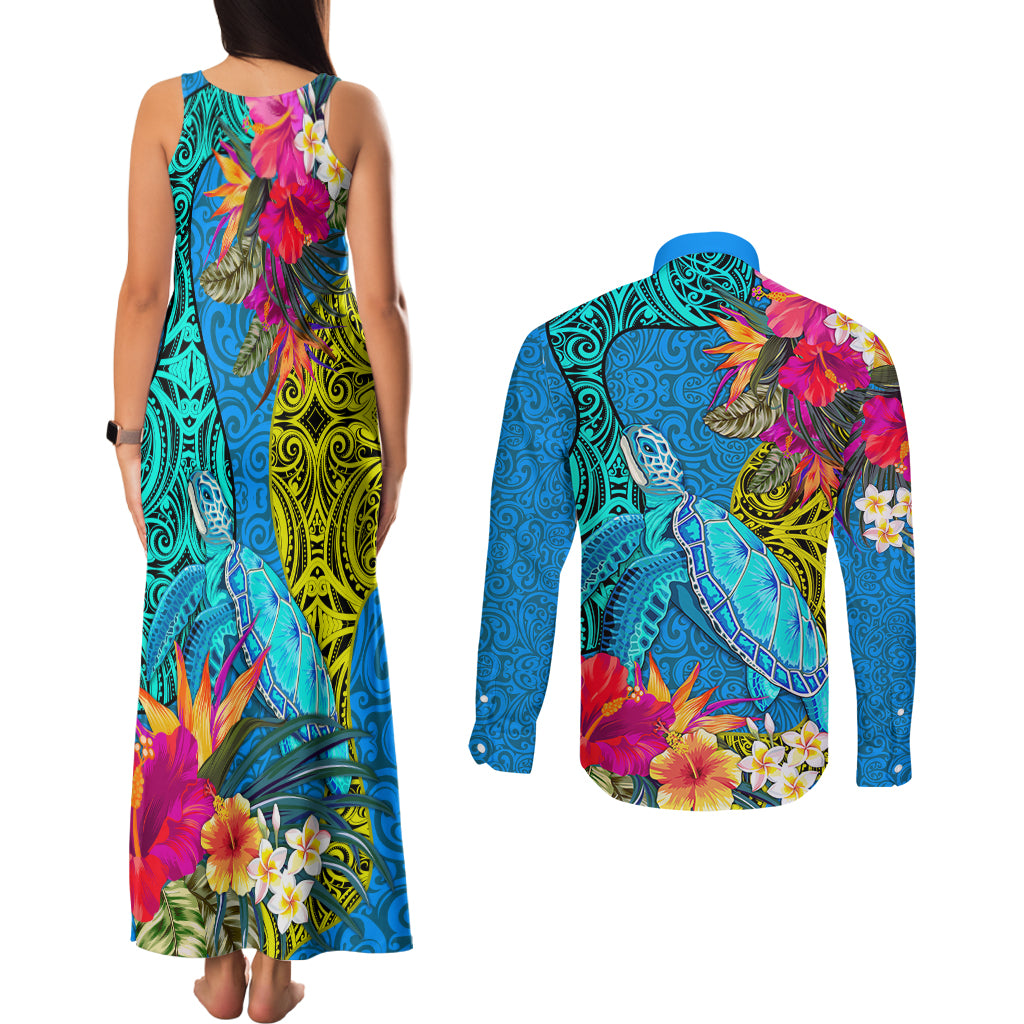 polynesian-couples-matching-tank-maxi-dress-and-long-sleeve-button-shirts-the-turtle-jung-flower-with-maori-pattern-ethnic-style