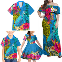 Polynesian Family Matching Off Shoulder Maxi Dress and Hawaiian Shirt The Turtle Jung Flower with Maori Pattern Ethnic Style LT03 - Polynesian Pride